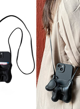 潮牌黑色大狗适用苹果14promax手机壳挂绳iPhone13/12/11全包6splus/8plus保护套