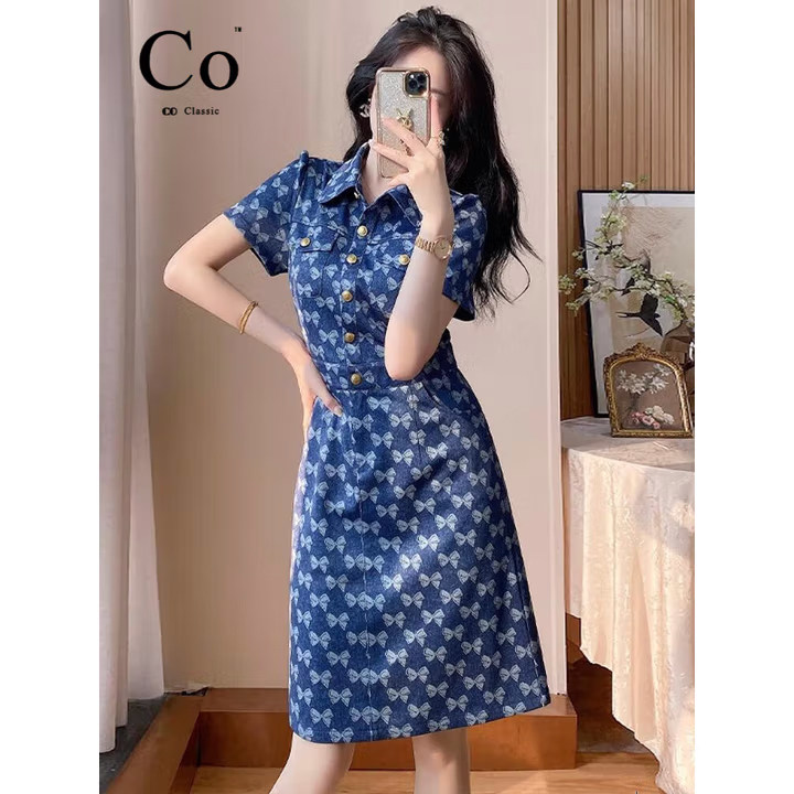 Co.女王轻奢时尚气质连衣裙夏季新款女士收腰显瘦牛仔裙遮肚a字裙