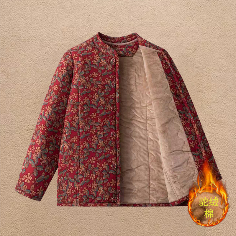 妈妈冬装小棉袄两穿奶奶驼绒棉衣加绒外套老年人太太保暖棉服短款