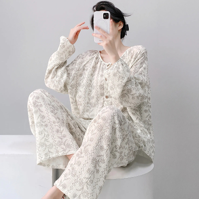秋季长袖开衫双层纱布纯棉碎花甜美女家居服两件套装对襟开扣睡衣