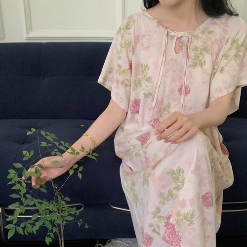 2024新中式棉绸睡裙薄夏季女改良版旗袍连衣裙宽松国风睡衣可外穿