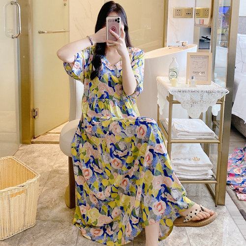 超长睡裙人棉绸夏季女短袖连衣裙