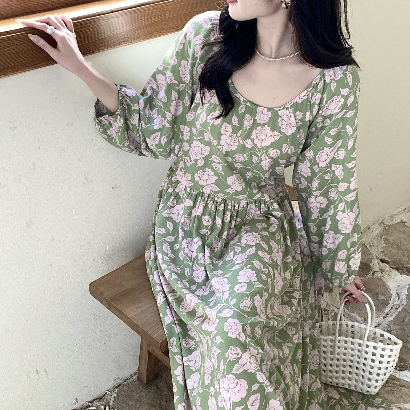 超长款棉绸连衣裙防晒七分袖甜美睡裙夏季薄款人棉可外穿沙滩裙子