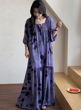 棉绸睡裙带口袋家居服显瘦春秋季超长裙大码紫色新中式裙子可外穿