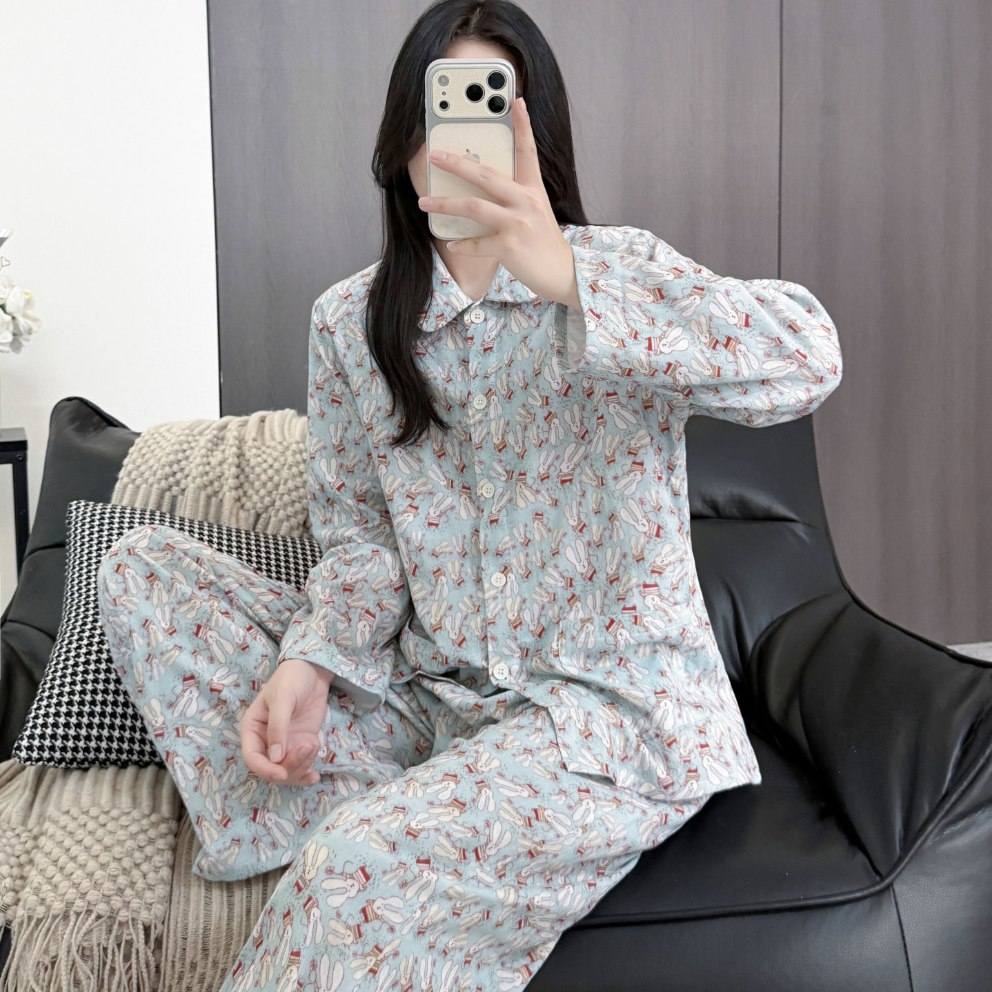 春秋季娃娃领纯棉纱布睡衣女长袖开衫印花家居服套装带口袋可外穿