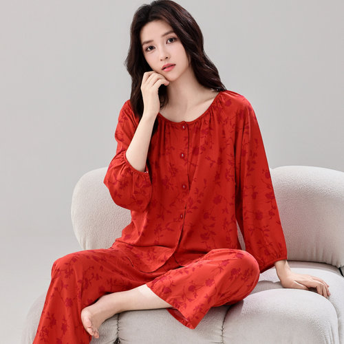 春夏季薄款棉绸开衫睡衣女本命年红色休闲可外穿青少年家居服套装