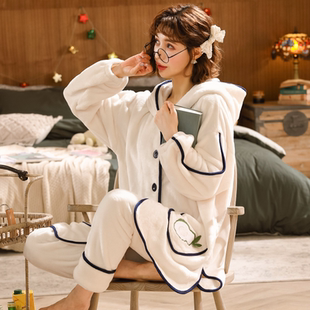 睡衣女冬天加厚韩版珊瑚绒加肥法兰绒中长款家居服两件套装可外穿