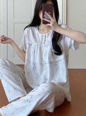 夏季短袖长裤防凸点薄款棉绸女士睡衣碎花国风家居服两件套可外穿