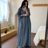 脚踝绵绸裙薄 度假沙滩长裙拖地裙V领口袋新中式 睡裙女春夏季 法式