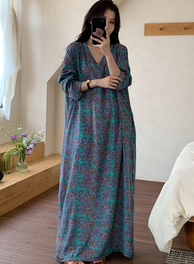睡裙女春夏季法式度假沙滩长裙拖地裙V领口袋新中式脚踝绵绸裙薄