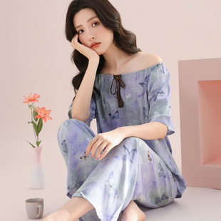 睡衣女薄款 纯欲风夏季 棉绸性感露肩系绳凉快人棉家居服休闲可外穿