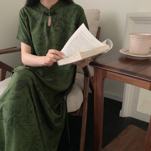 改良旗袍新中式可外穿棉绸加长款盘扣民国连衣裙短袖睡衣睡裙女夏