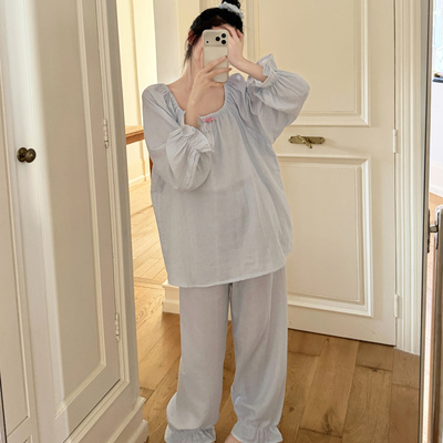 纯棉A类双层纱睡衣女长袖长裤带内衬防凸点甜美波点春秋季家居服