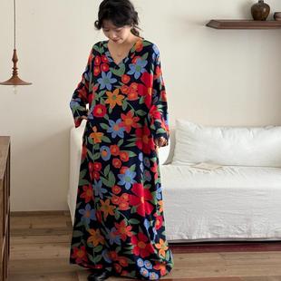 长袖睡裙女春秋夏季薄款长款到脚踝超长款连衣裙棉绸家居服裙子