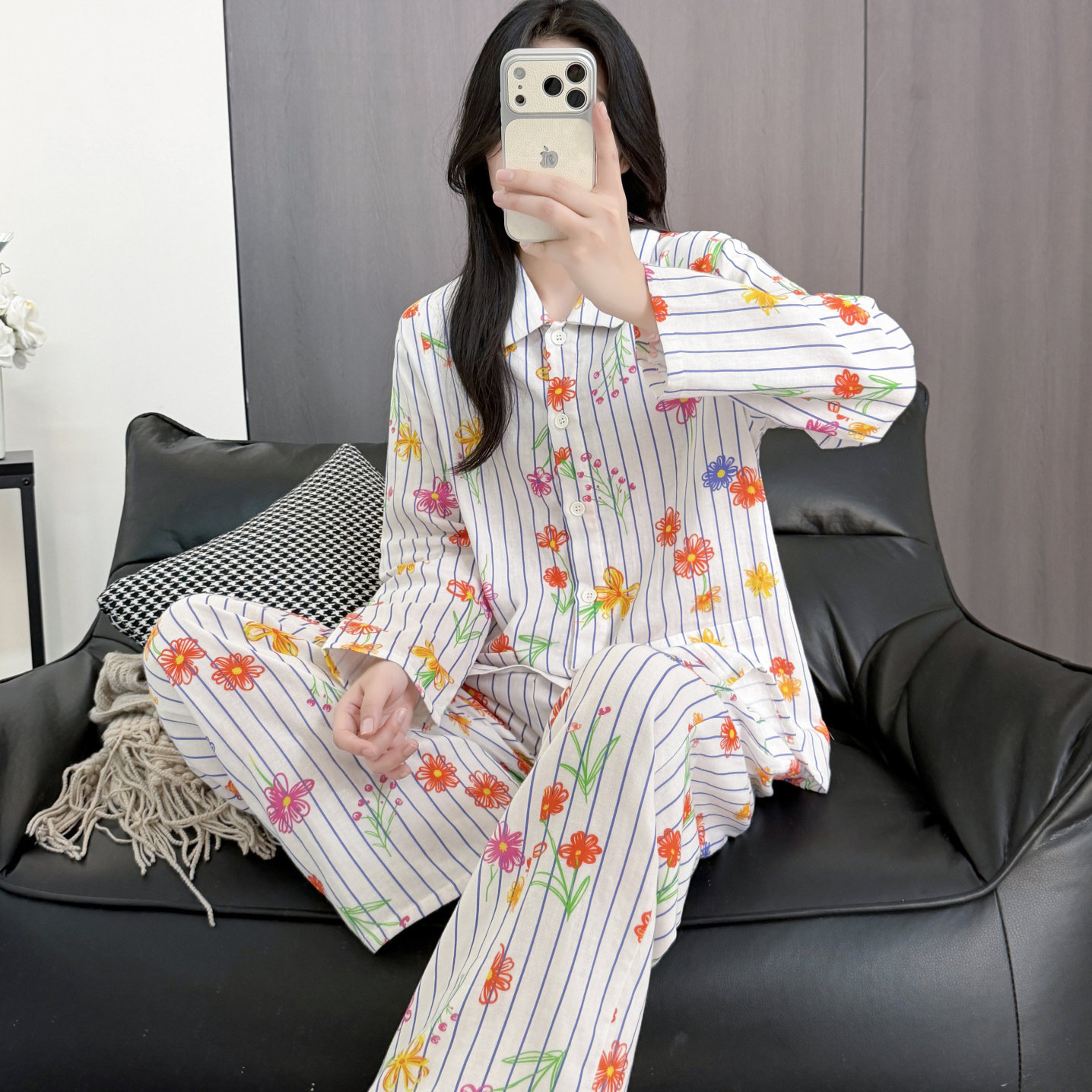 双层纱春秋季女士长袖开衫甜美睡衣套装可外穿纯棉纽扣纱布家居服