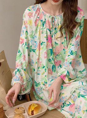 棉绸睡衣女士特大码宽松薄款棉绸家居服春夏季人造棉稠空调服套装