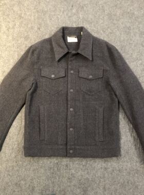 英国 DKNY 工装款灰色纯羊毛呢翻领修身单排扣男士短夹克