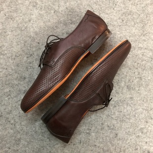德國采購新品 單皮鞋 Santoni棕色軟牛皮小孔鏤空透氣面男低幫夏款