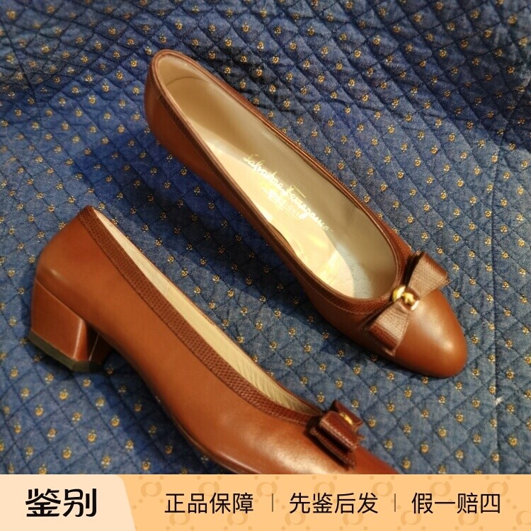 美国调货Ferragamo菲拉格慕栗子棕鳄鱼纹蝴蝶结浅口低跟单鞋