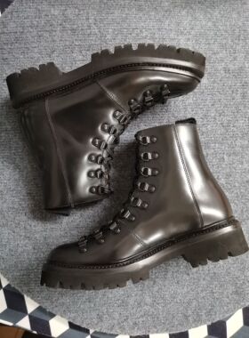 欧洲专柜调货GRENSON黑色系带女士登山靴厚底短靴踝靴