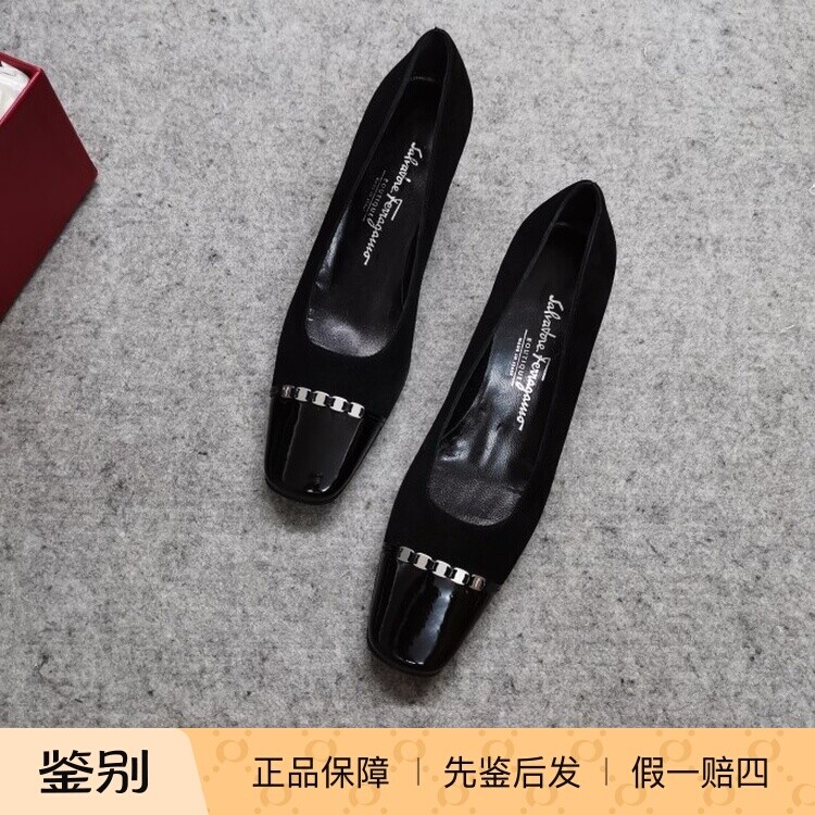 美国调货FERRAGAMO菲拉格慕博物馆系列黑色小方头中跟方跟高跟鞋