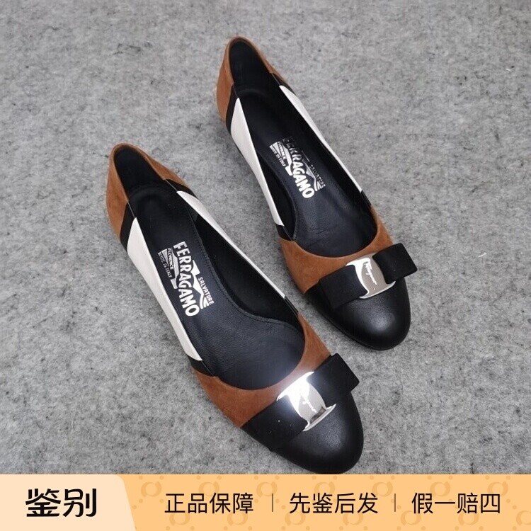 美国蝴蝶结拼色磨砂皮高跟鞋