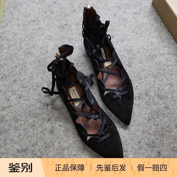 德国采购Burberry巴宝莉黑磨砂皮女平底多绑带浅口尖头芭蕾平底鞋