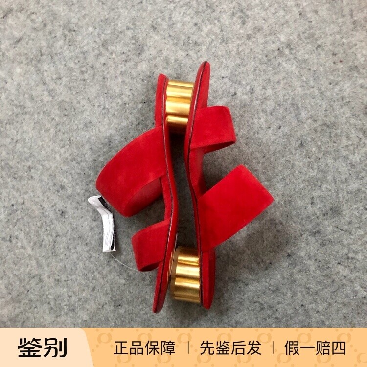 意大利红色磨砂皮套脚低跟凉鞋