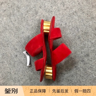 意大利新品Ferragamo菲拉格慕红色磨砂皮套脚女粗跟低跟露趾凉鞋