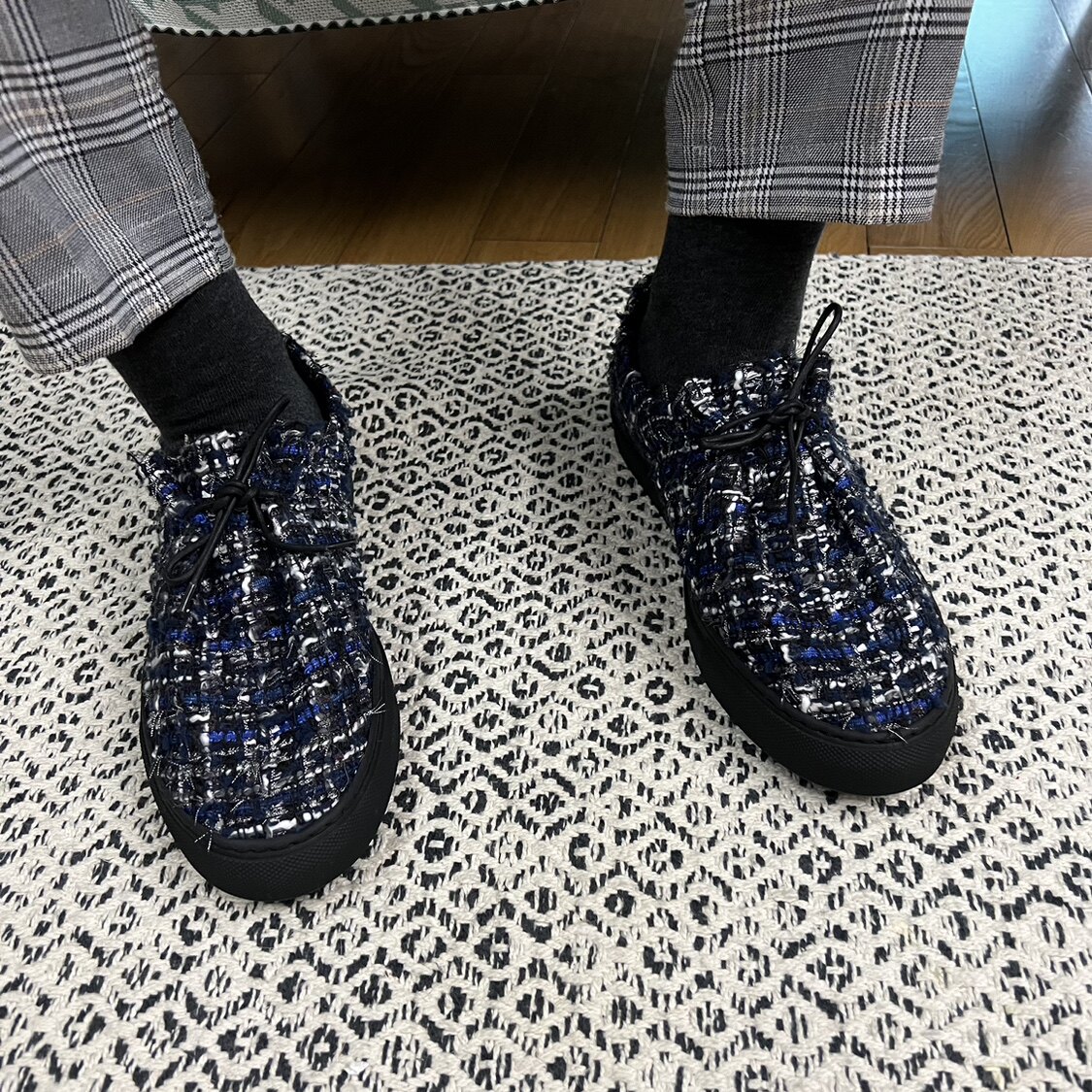 法国调货JacquesSoloviere蓝色毛呢鞋面复古系带舒适平底休闲板鞋