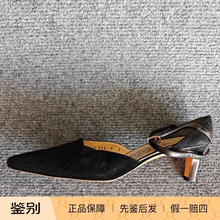 美国调货Ferragamo尖头黑色磨砂皮中空小猫跟绑带凉鞋