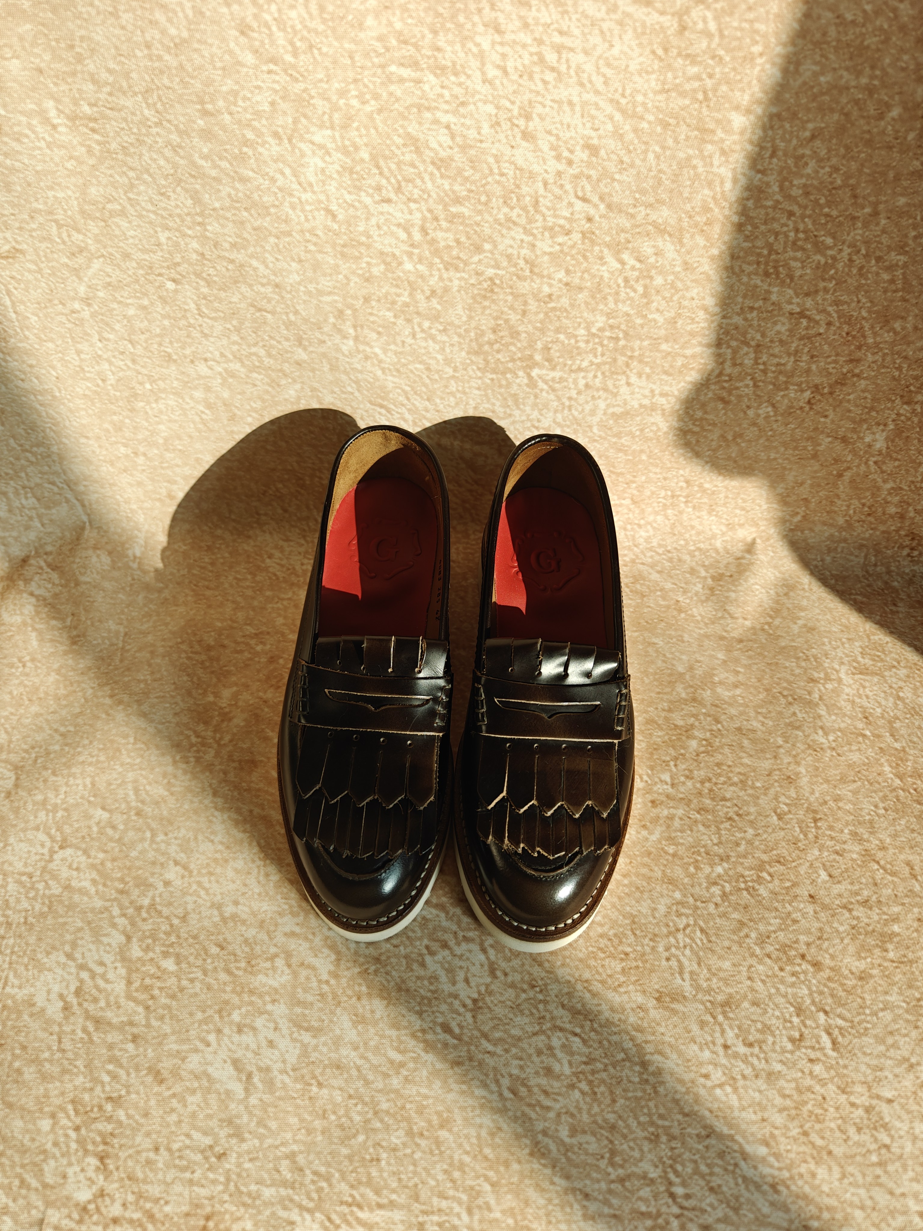 英国调货Grenson栗子棕光面流苏设计女士Penny厚底乐福鞋