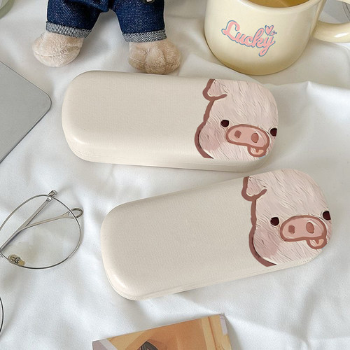 油画小猪眼镜盒高级感黑色眼镜收纳盒便携式近视pu皮眼镜盒墨镜