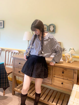 大蒜 竖条纹宽松长袖衬衫女秋季新款气质显瘦慵懒长袖打底衫上衣