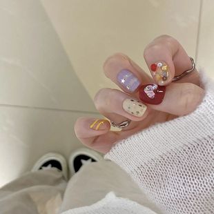 夏日手工穿戴甲多巴胺韩系ins风显白美甲贴短款 爆款 少女可爱甜美