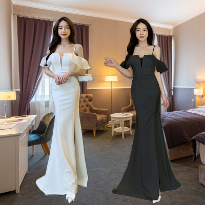 一字领低胸连衣裙名媛修身