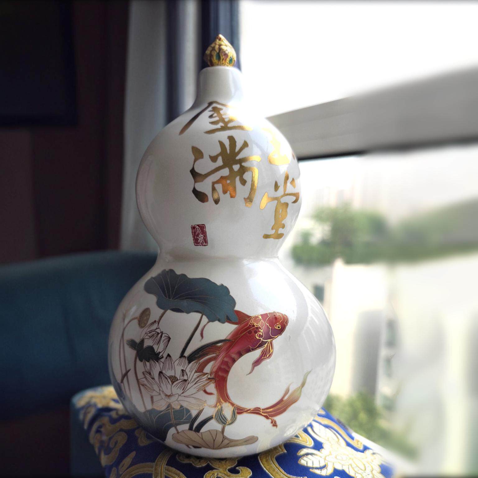 天然葫芦摆件大漆白色金玉满堂大号摆件家居客厅办公室装饰品