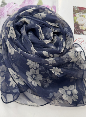 蓝色真丝混纺印花长丝巾2026春秋新款薄款桑蚕丝护颈围巾妈妈纱巾