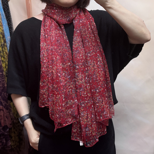 红碎花真丝桑蚕丝百搭护颈丝巾围巾纱巾多功能妈妈红色防晒披肩女