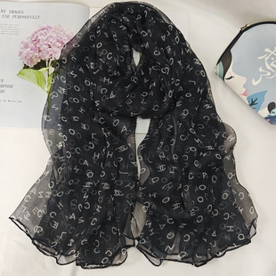 字母真丝桑蚕丝长丝巾女新款印花韩版护颈围巾春秋薄款披肩长纱巾