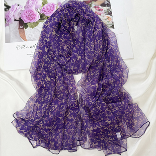 紫色薄款真丝丝巾披肩外搭女2026新款围巾围脖柔软桑蚕丝长纱巾女