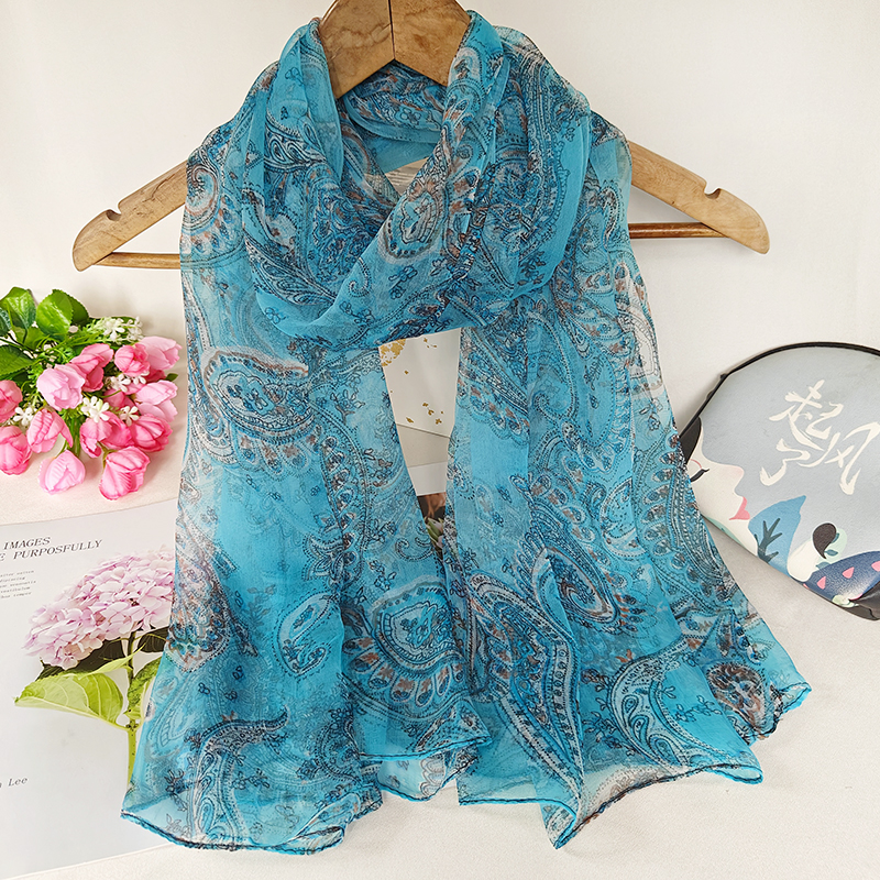 韩版真丝丝巾女长款百搭春秋季桑蚕丝薄款围巾女杭州印花妈妈纱巾