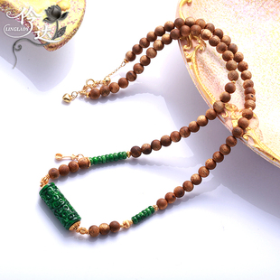 新中式 沉香木项链女复古绿玉石吊坠手工串珠颈链中国风