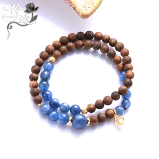 天然檀木蓝玉髓手链女双圈叠戴撞色轻奢感文玩佛珠手串
