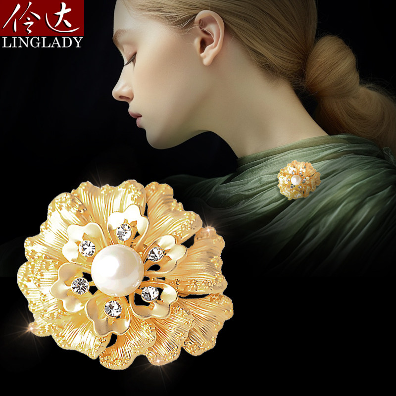 金色山茶花朵胸针女 外套大衣时尚胸花情人节礼物 胸针开衫扣针