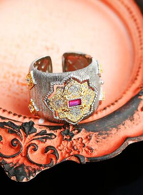 LINGLADY复古花朵戒指女镶钻可调节开口戒指