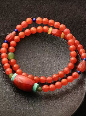 双圈手串女橙红色圆珠手链多层串珠饰品