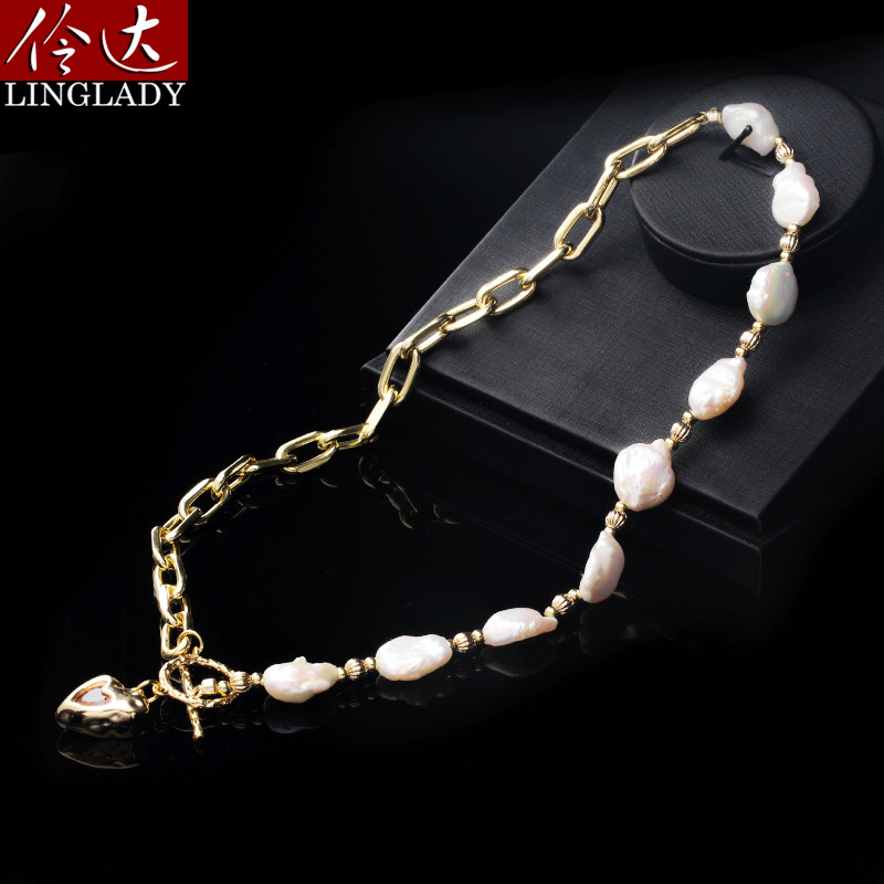 伶达异形珍珠项链时尚不对称设计感颈链粉色桃心锁骨链短款配饰品