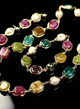 中古彩色宝石项链手链套装女复古水晶首饰