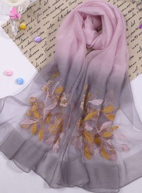 丝巾女百搭春秋真丝刺绣纱巾婚礼旗袍披肩外搭送礼妈妈桑蚕丝围巾